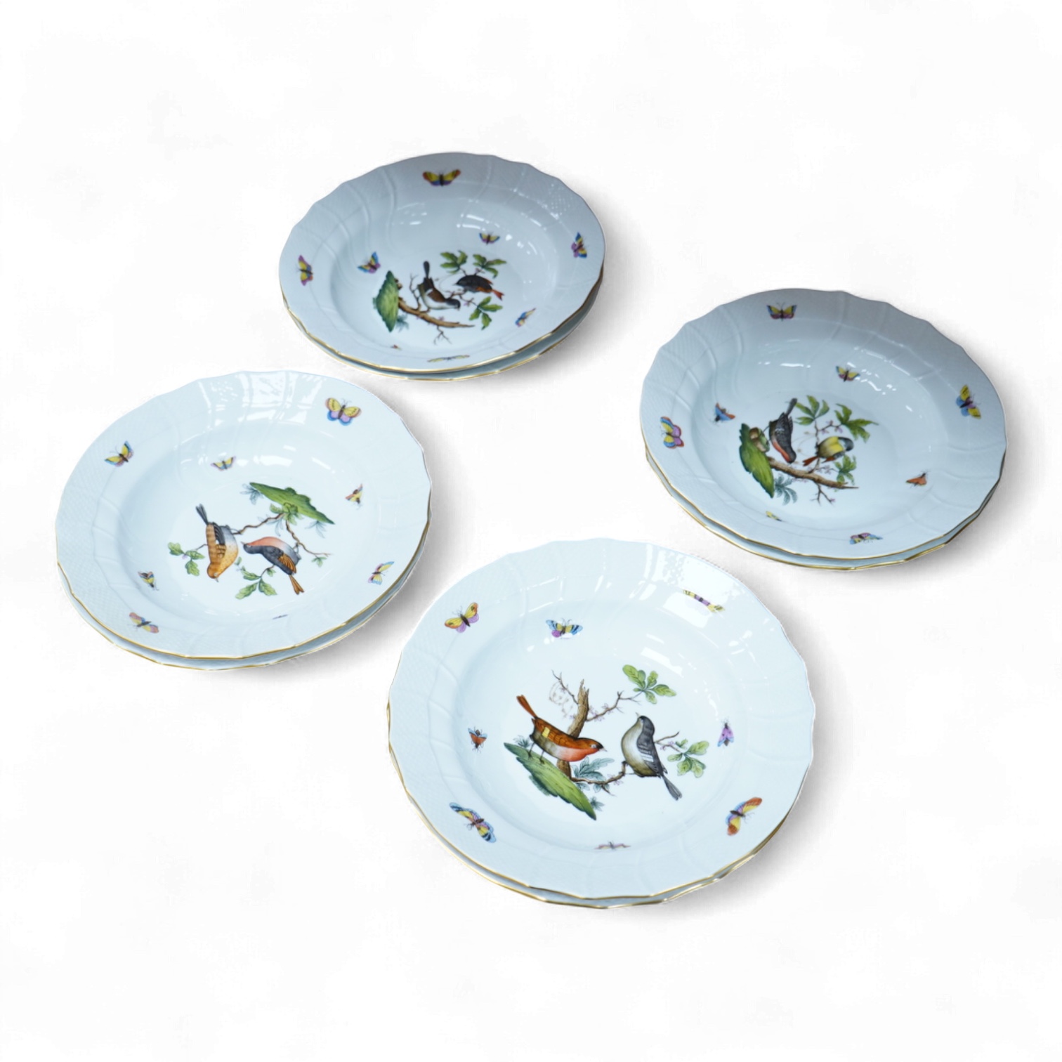 Eight Herend Rothschild 'birds' soup plates, 24cm in diameter
